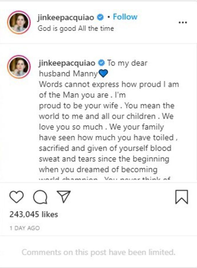 Jinkee Pacquiao posts emotional message to her husband Manny Pacquiao