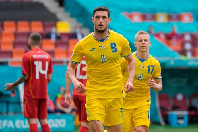 Roman Yaremchuk in action for Ukraine at Euro 2020