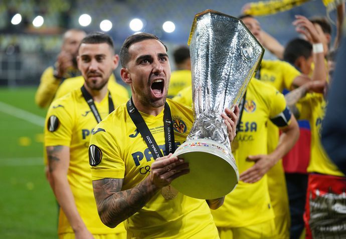 Paco Alcacer lifts the Europa League with Villarreal in Gdansk after they beat Manchester United in the final