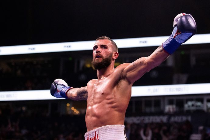 Caleb Plant celebrates after defeating Vincent Feigenbutz of Germany in their IBF world super middleweight championship bout at Bridgestone Arena on February 15, 2020 in Nashville, Tennessee. Plant de