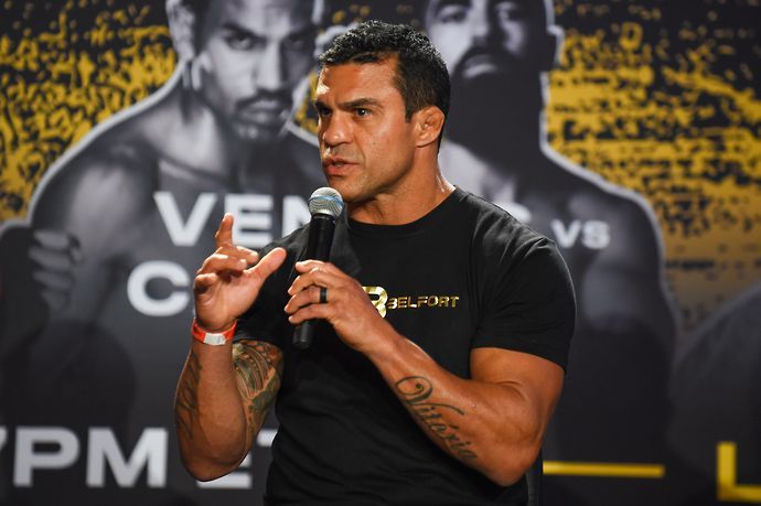 Vitor Belfort talks to the media after knocking out Evander Holyfield