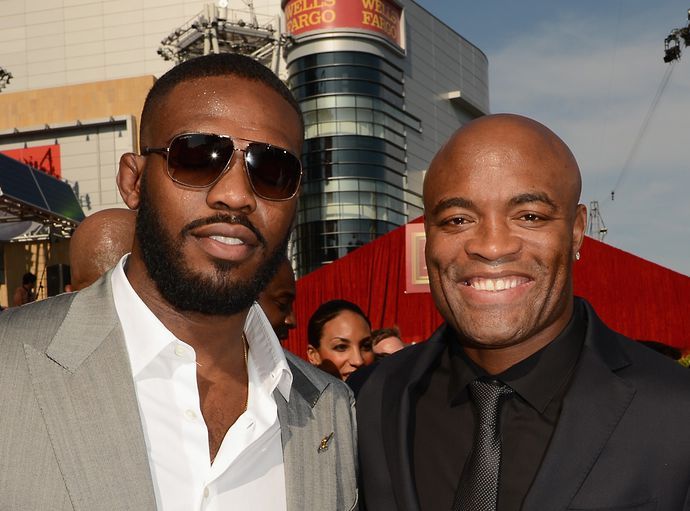 Jon Jones poses for a photo with Anderson Silva at the 2012 ESPY Awards at the Nokia Theatre