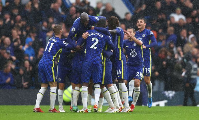 Chelsea players celebrate Ben Chilwell's goal