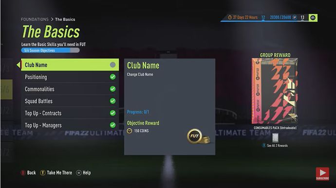 The club name selection is hidden in the Objectives menu in FIFA 22.