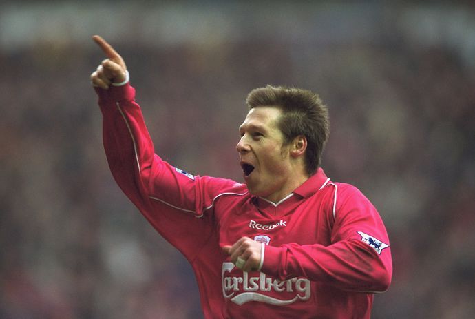 Nick Barmby celebrates after scoring for Liverpool