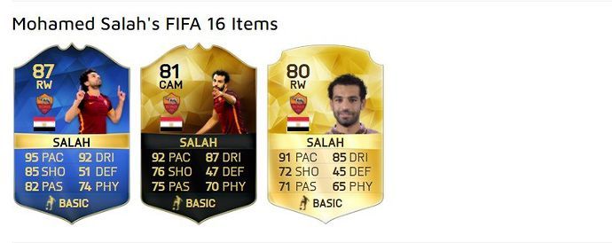 Mohamed Salah's FIFA Ultimate Team cards in FIFA 16.