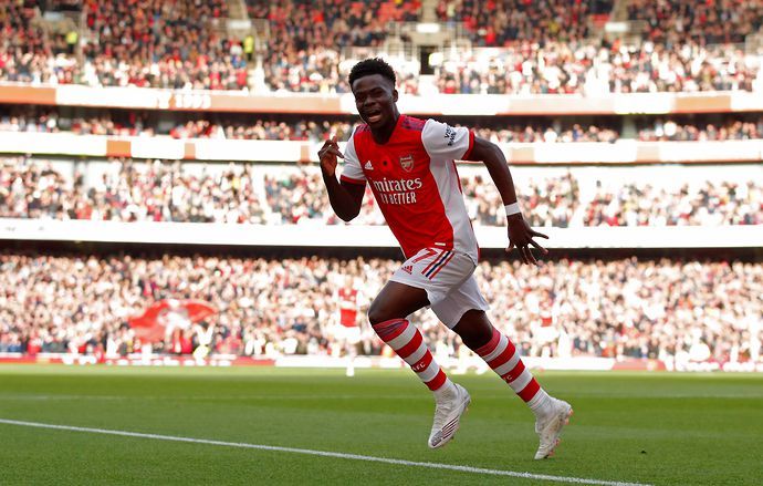 Bukayo Saka celebrates scoring for Arsenal