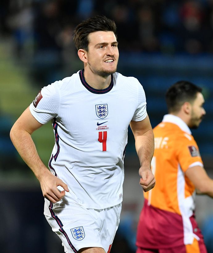 Harry Maguire celebrates scoring for England vs San Marino