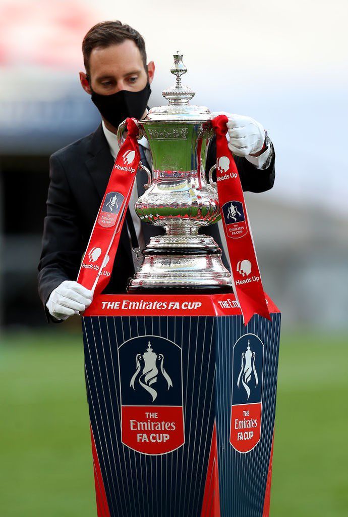 FA Cup Trophy on stand for 2021/22 season