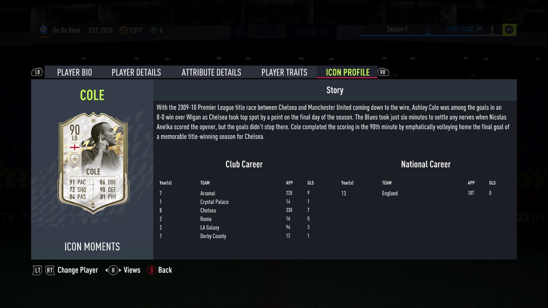 Ashley Cole Prime Icon Moments card with the reason why he got it and his career stats.