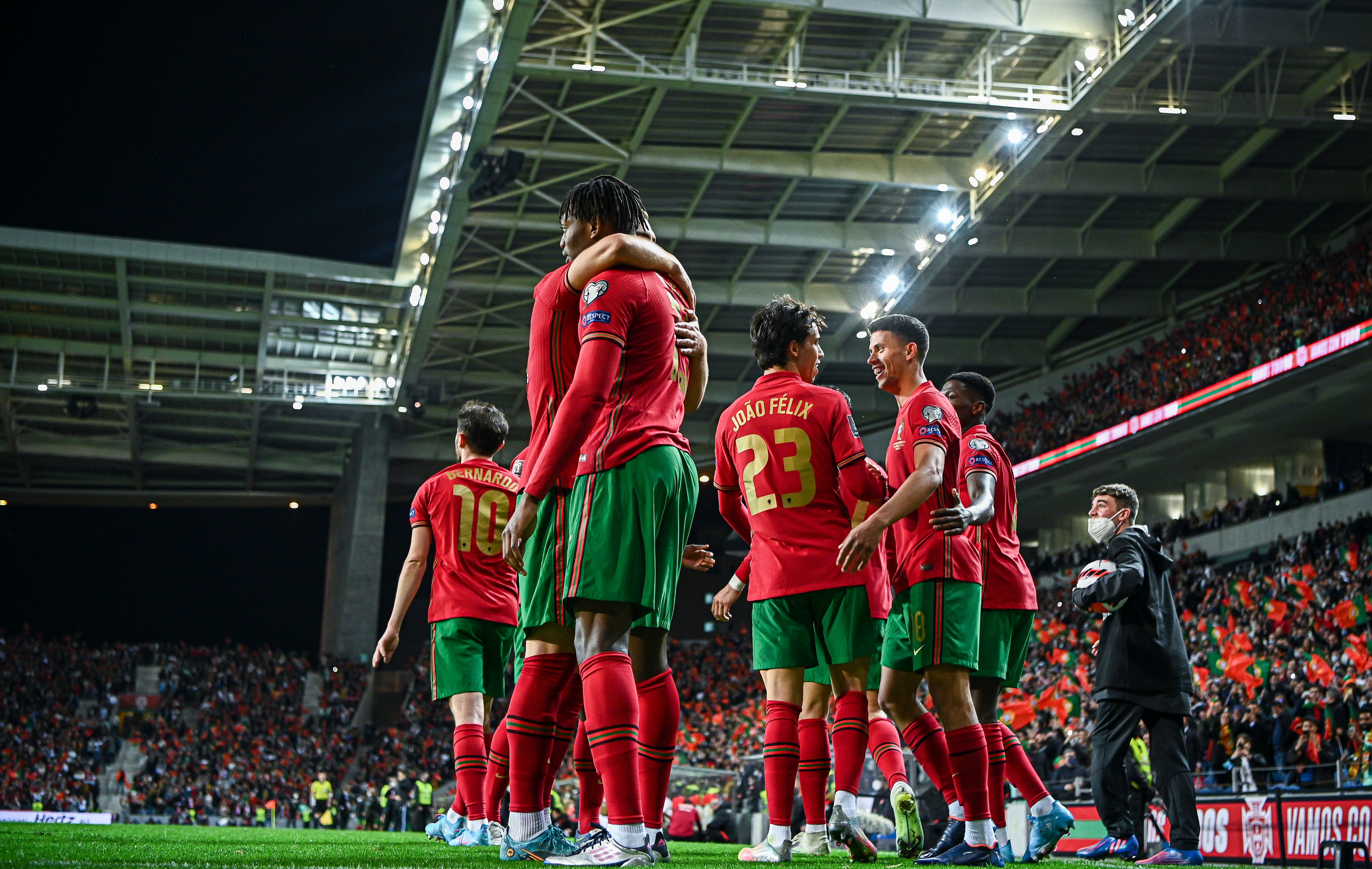 Matheus Nunes of Portugal celebrates with teammates after scoring their 3rd goal against Turkey