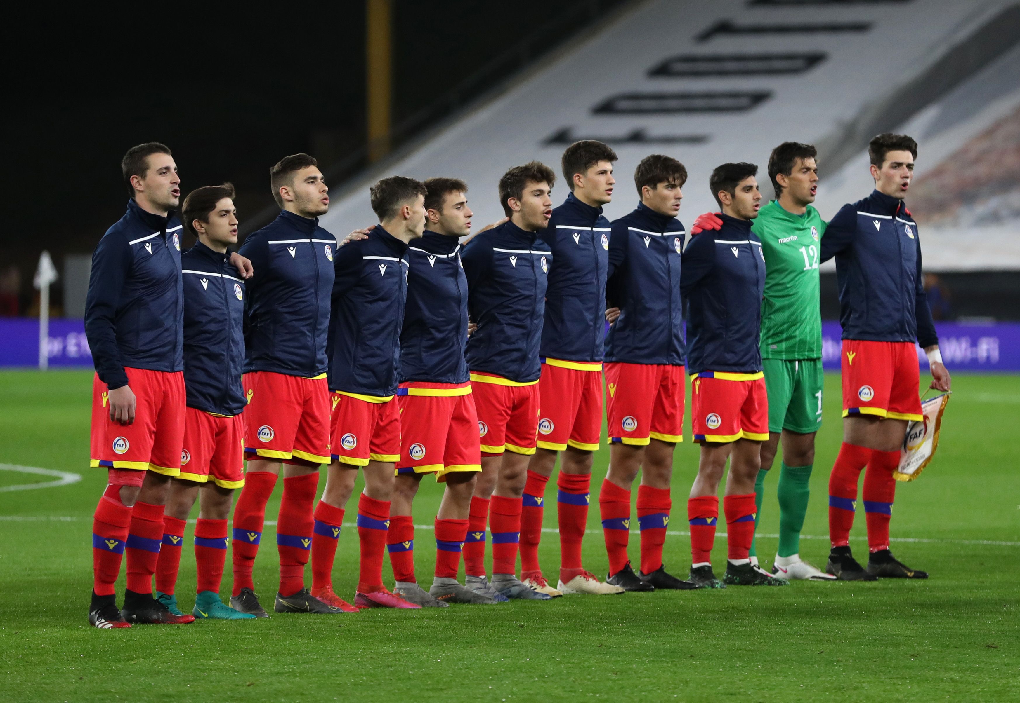 The Andorra team line up ahead the UEFA Euro Under 21 Qualifier match between England U21 and Andorra U21 at Molineux