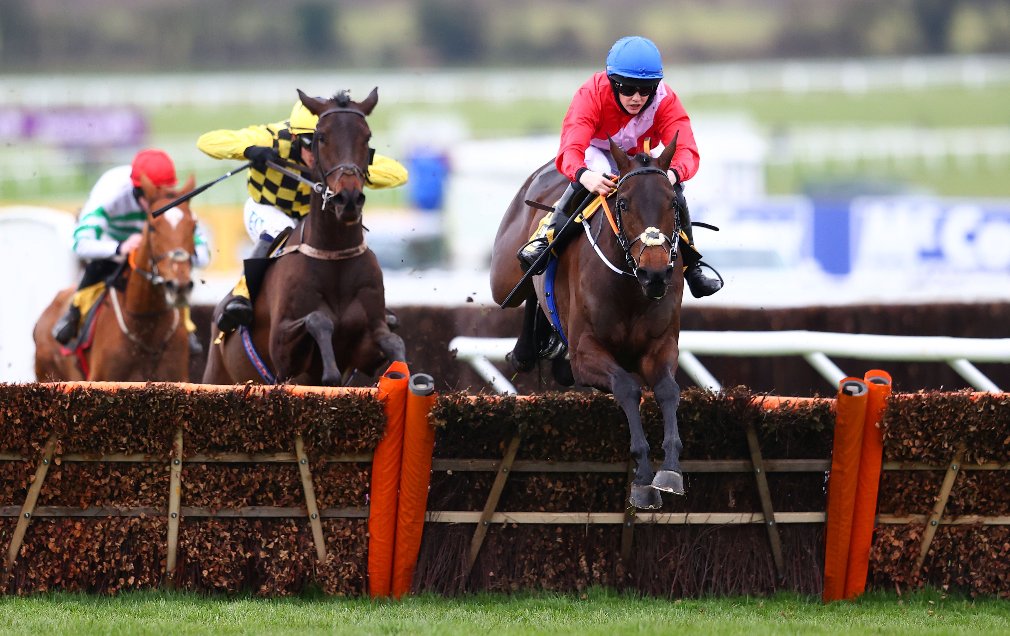 Quilixios ridden by Rachael Blackmore jumps the last fence while on the way to victory