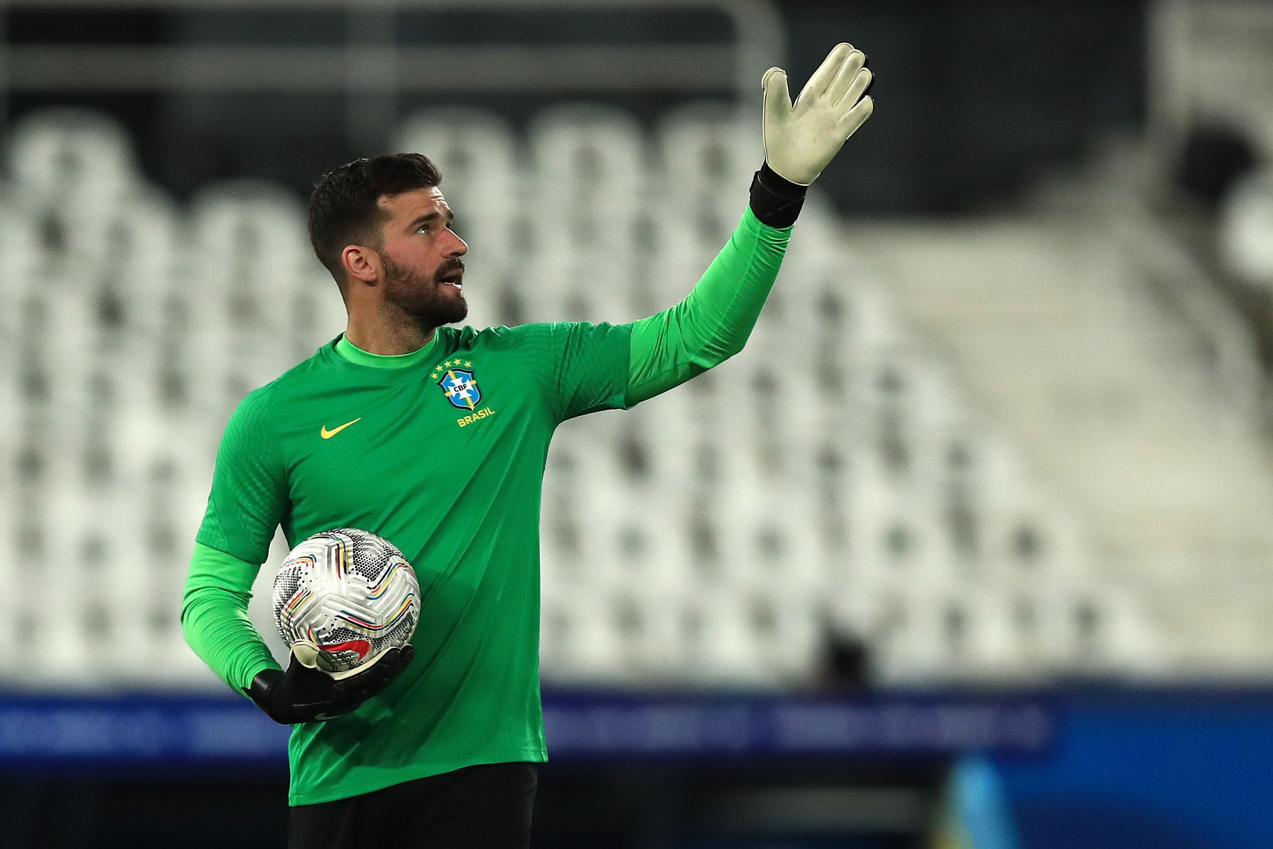 Alisson Becker of Brazil gestures before a semi-final match at the Copa America in 2021