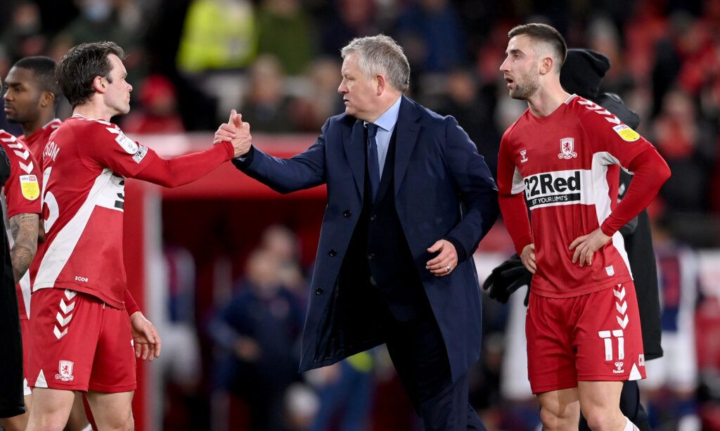 Chris Wilder the Middlesbrough with his players after the Sky Bet Championship match between Middlesbrough and West Bromwich Albion