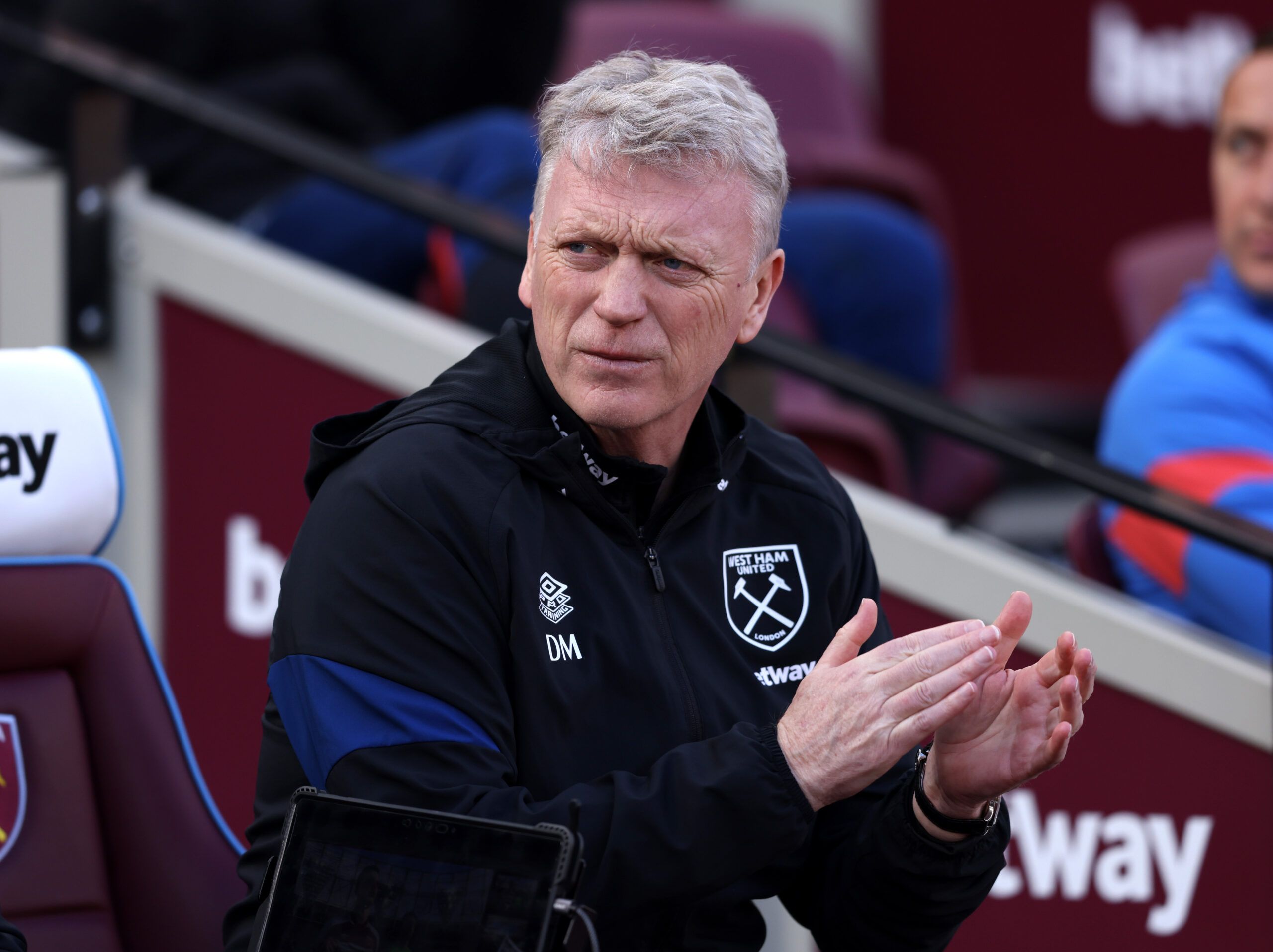 David Moyes, Manager of West Ham United looks on prior to the Premier League match between West Ham United and Wolverhampton Wanderers at London Stadium on February 27, 2022