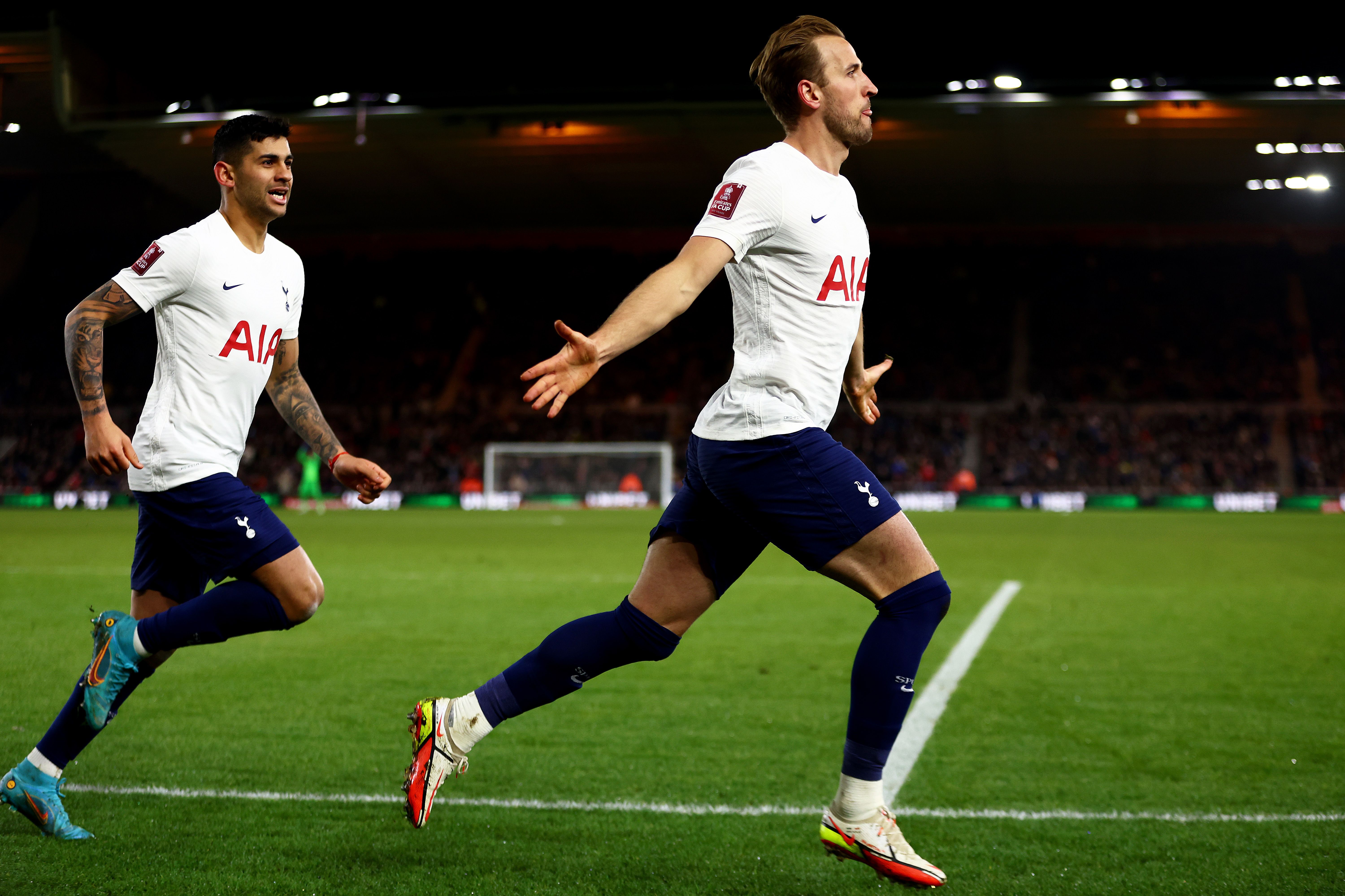 Harry Kane of Tottenham Hotspur celebrates a goal which was later disallowed for offside during the Emirates FA Cup Fifth Round match between Middlesbrough and Tottenham Hotspur at Riverside Stadium