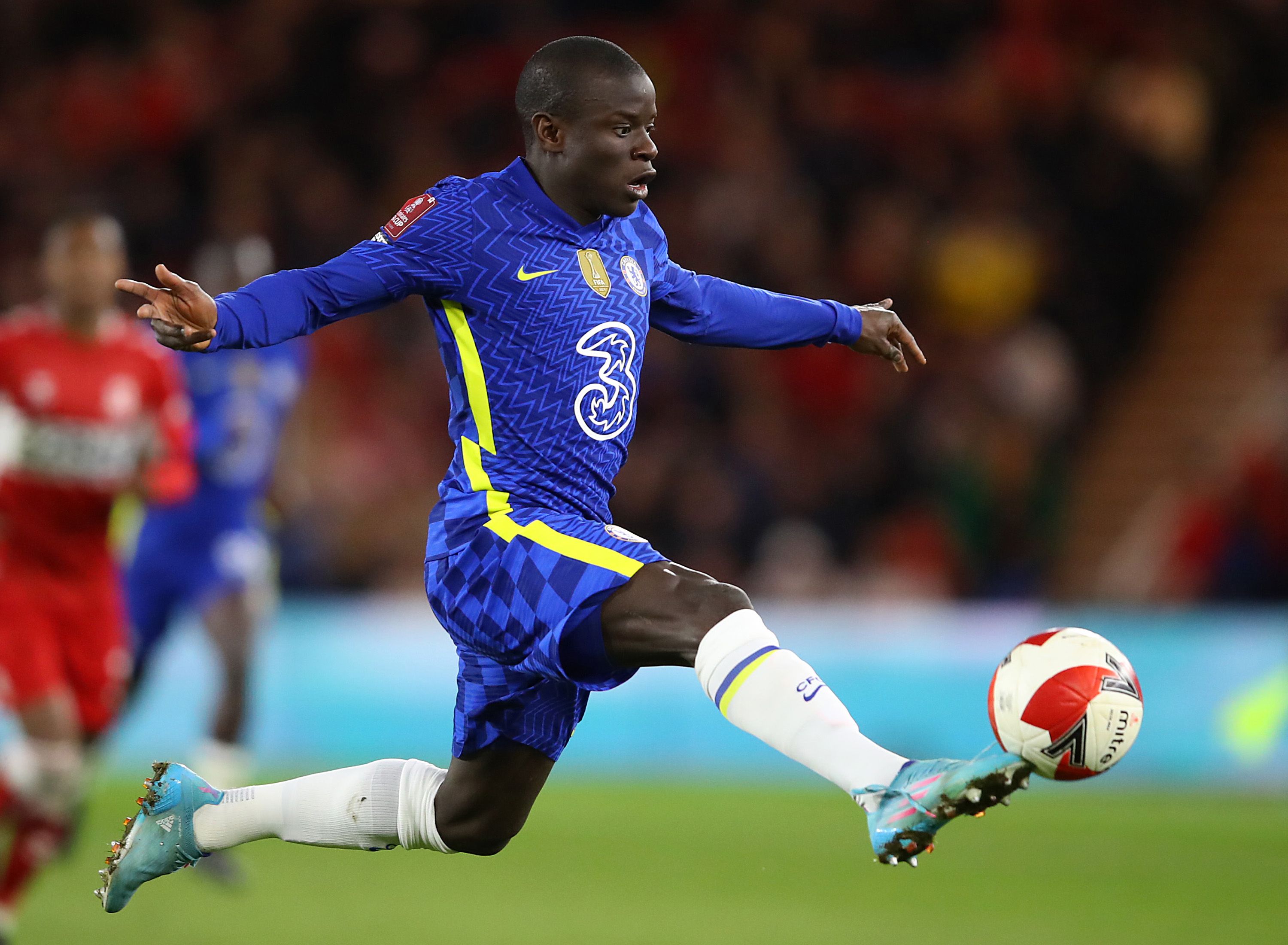 Ngolo Kante of Chelsea runs with the ball during the Emirates FA Cup Quarter Final match between Middlesbrough v Chelsea at Riverside Stadium on March 19, 2022 in Middlesbrough, England