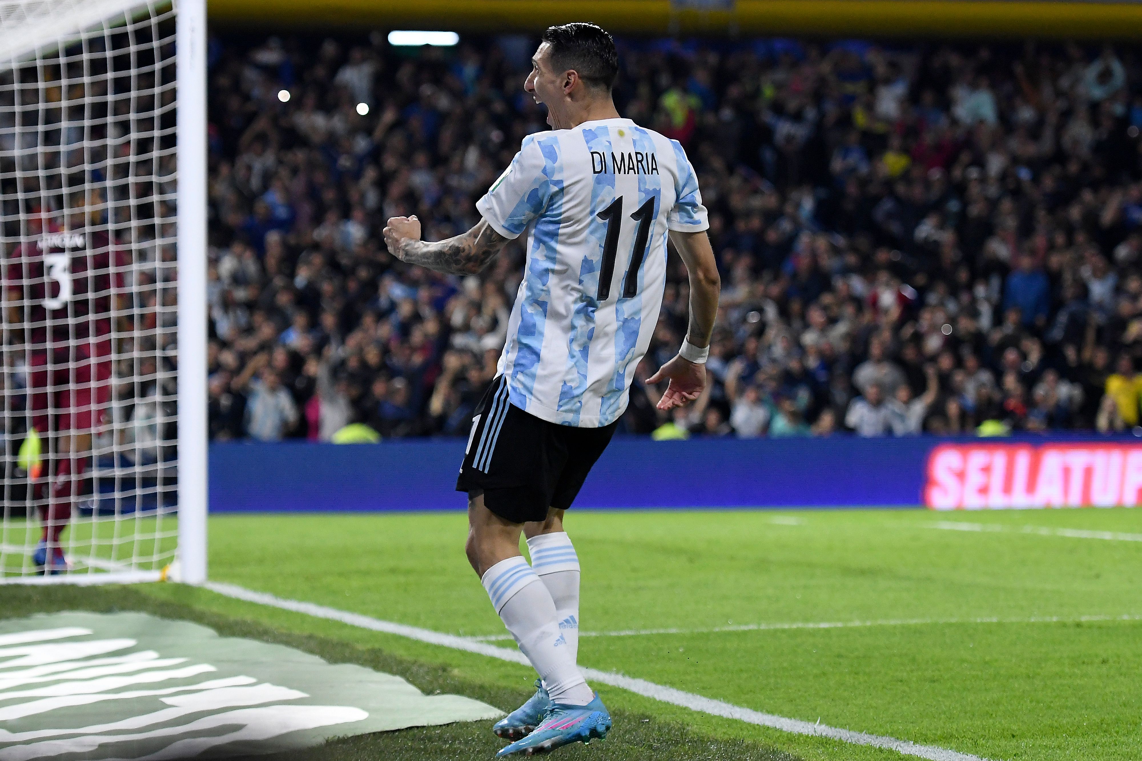 Angel Di Maria of Argentina celebrates after scoring the second goal of the game