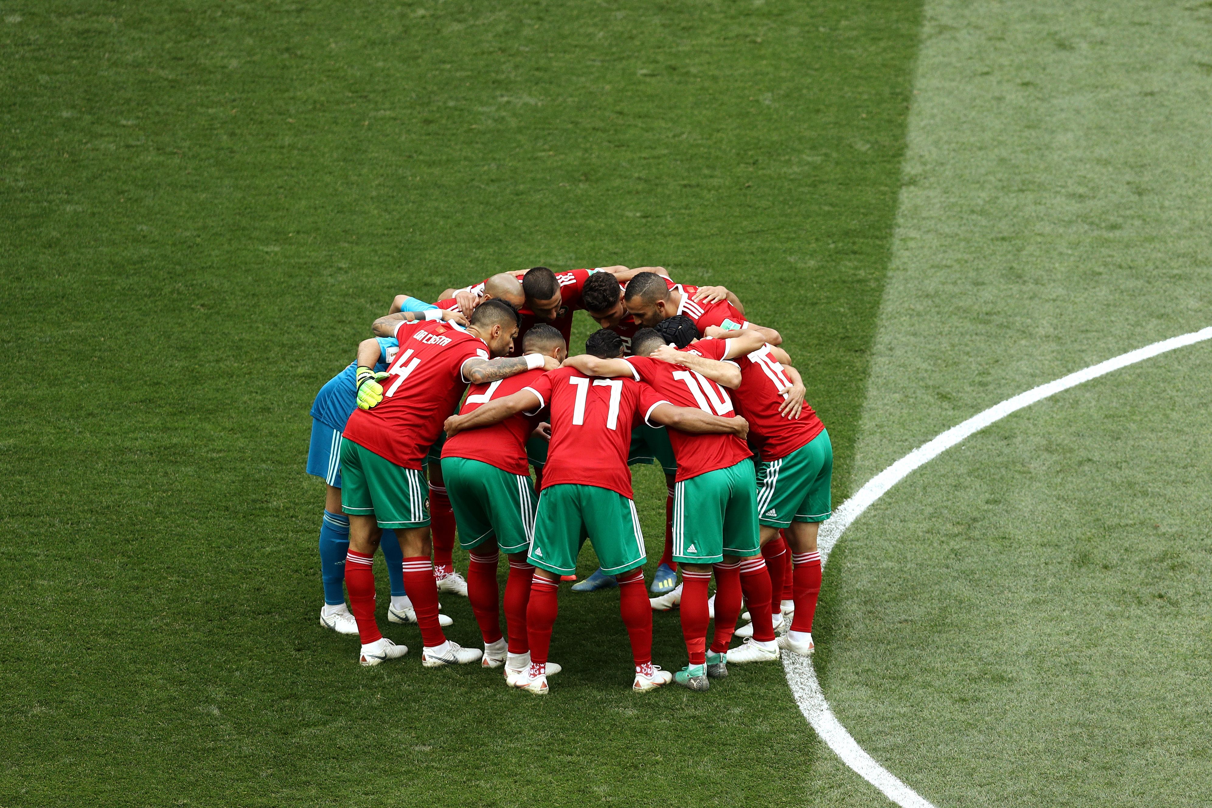 Morocco team huddle prior to the 2018 FIFA World Cup Russia group B match.