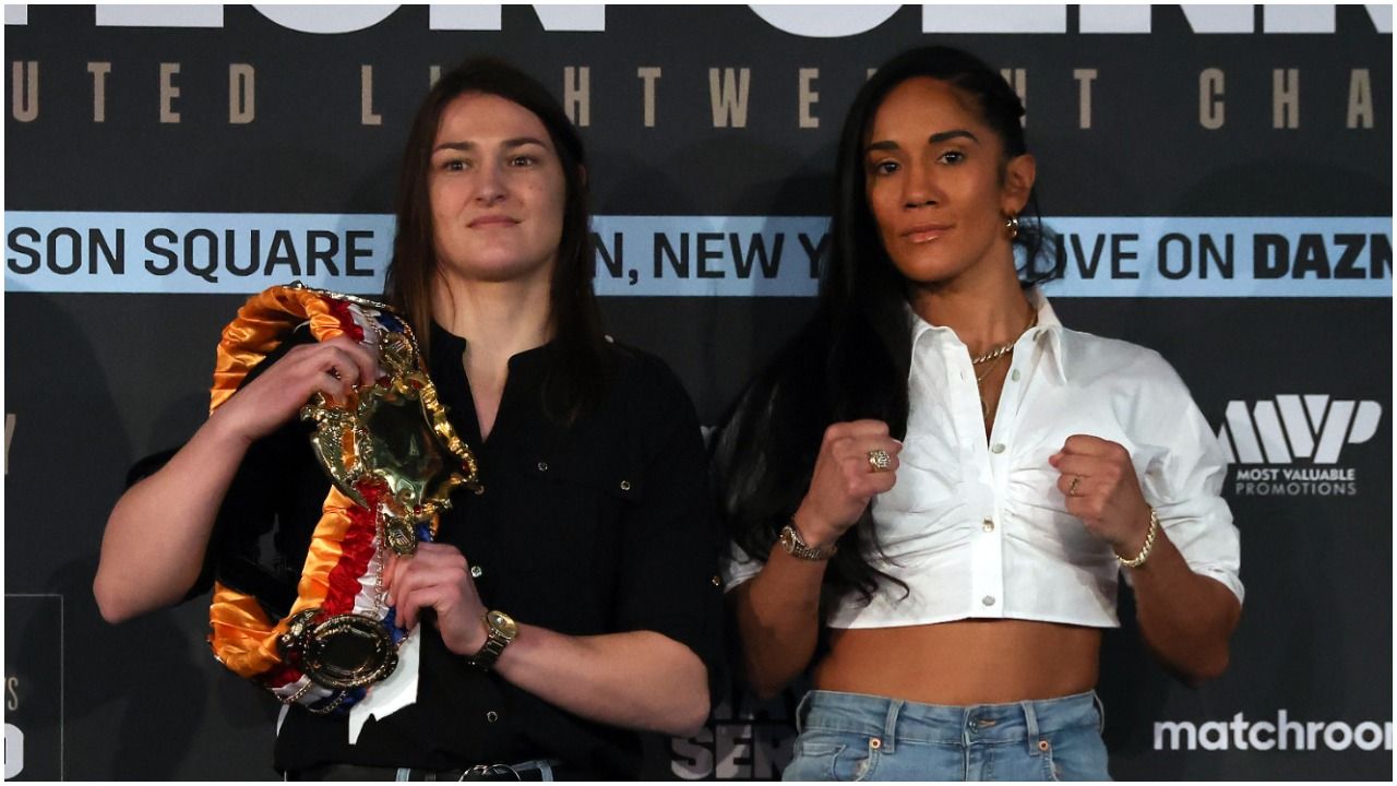 Katie Taylor and Amanda Serrano pose during their fight promotion
