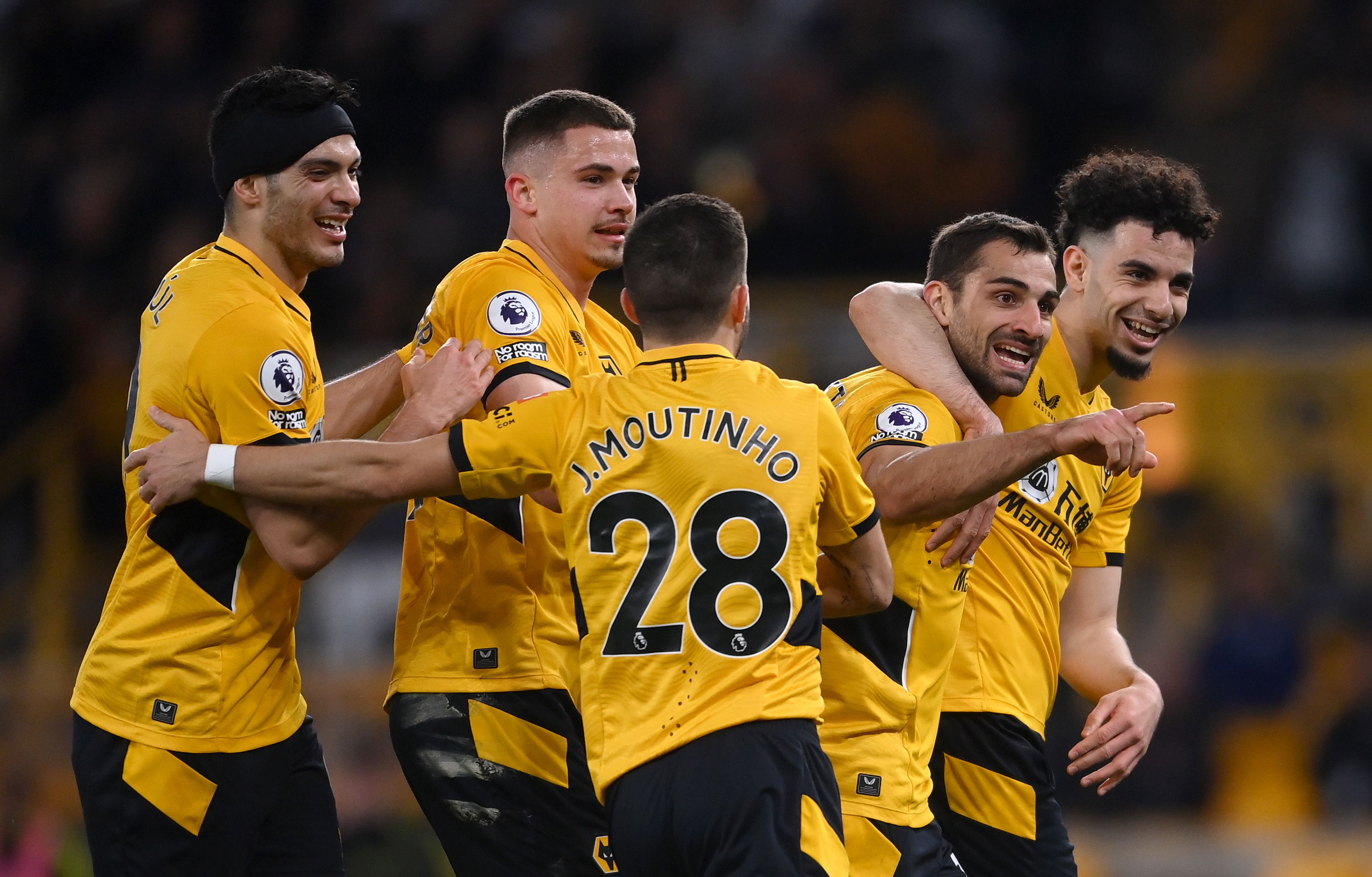 Jonny Otto of Wolverhampton Wanderers celebrates after scoring their side's first goal with team mates during the Premier League match between Wolverhampton Wanderers and Leeds United