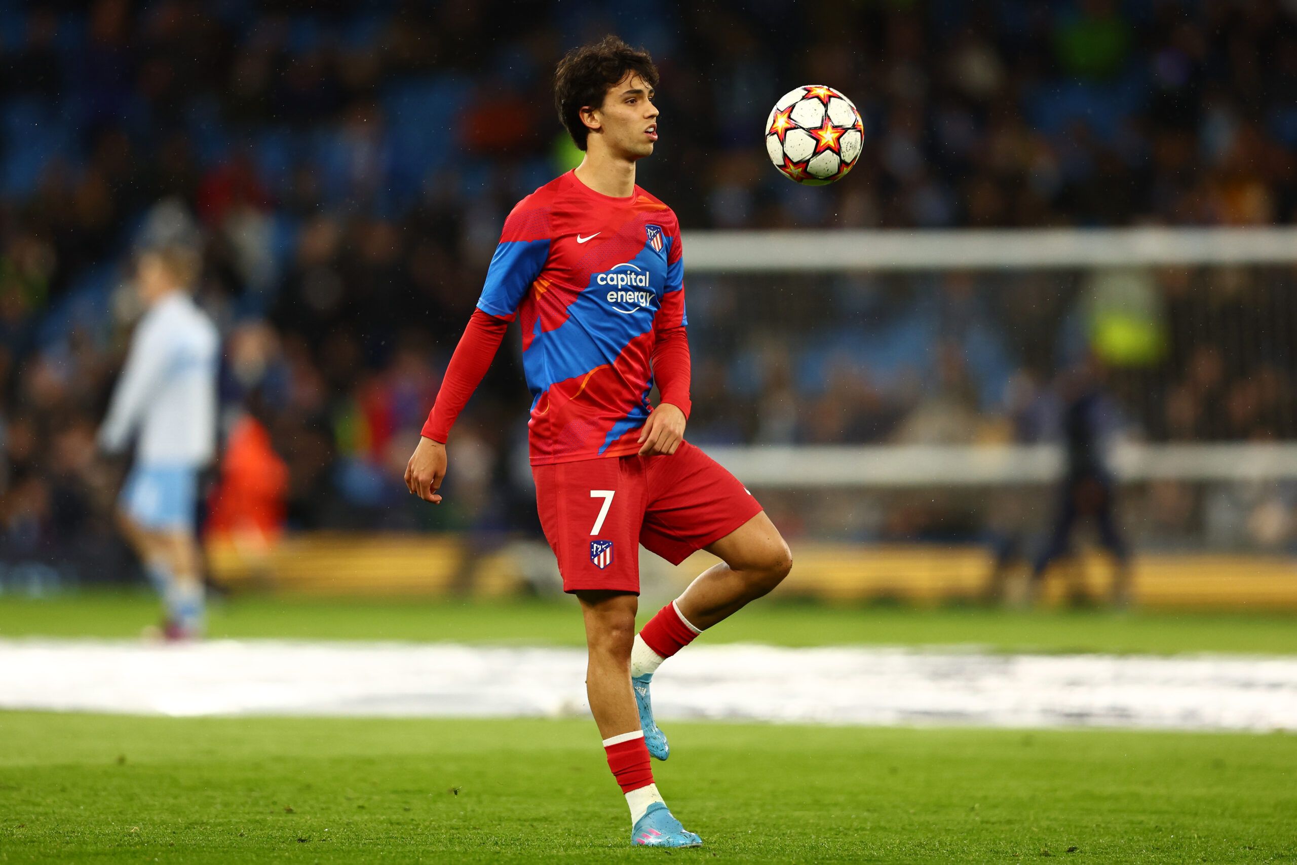 Joao Felix of Atletico Madrid warms up prior to the UEFA Champions League Quarter Final Leg One match between Manchester City and Atletico Madrid at City of Manchester Stadium on April 05, 2022