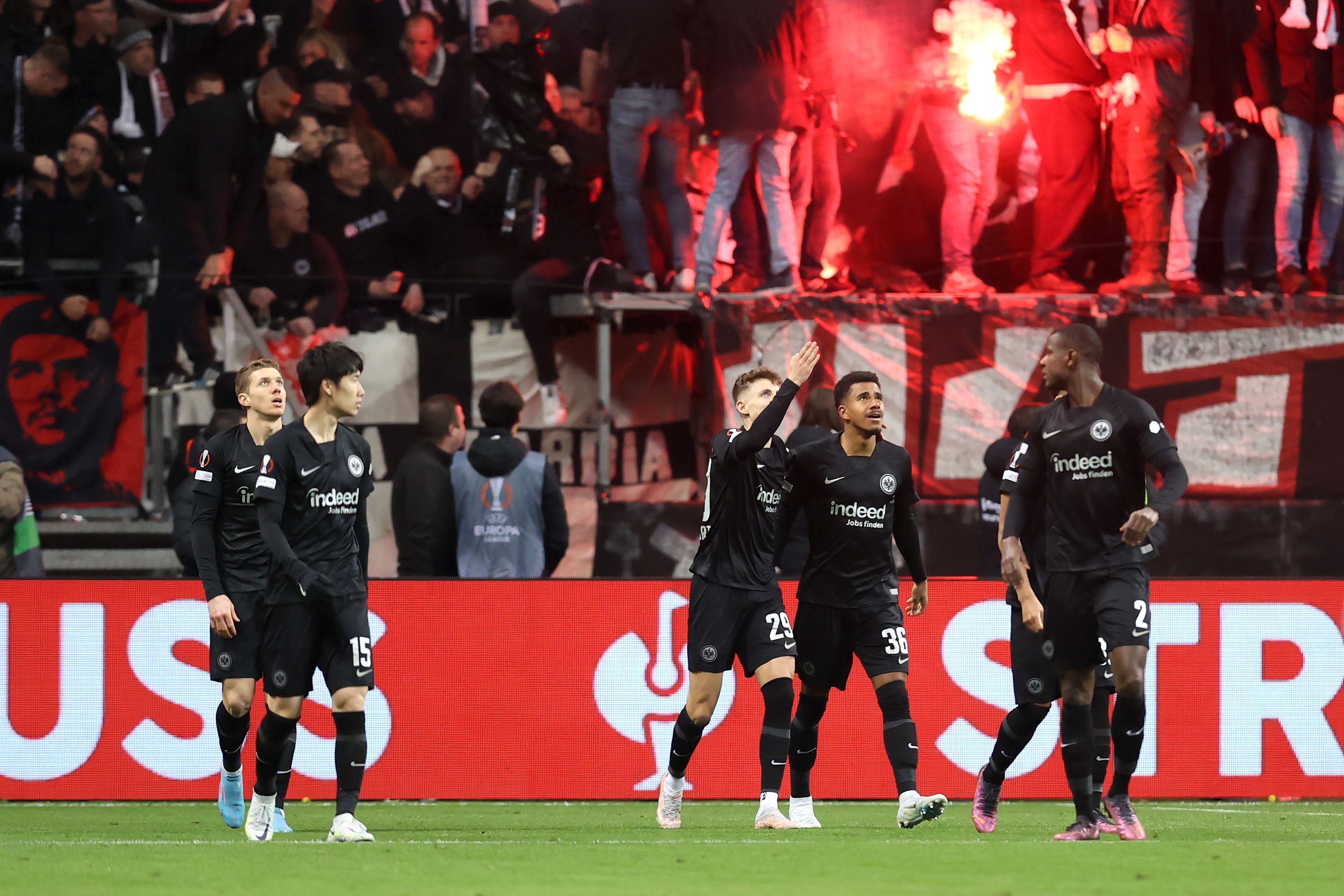 Eintracht Frankfurt celebrates with team mates after scoring their sides first goal during the UEFA Europa League Quarter Final Leg One match between Eintracht Frankfurt and FC Barcelona
