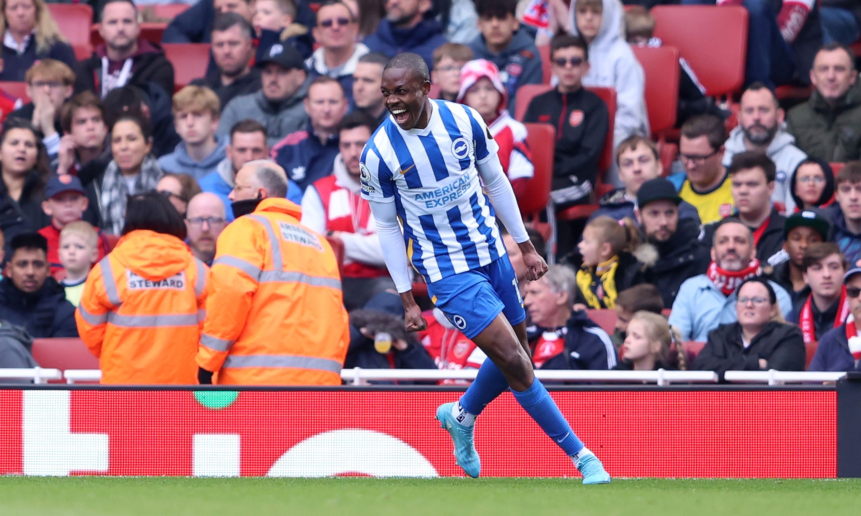 Enock Mwepu of Brighton &amp; Hove Albion celebrates after scoring their team's second goal.