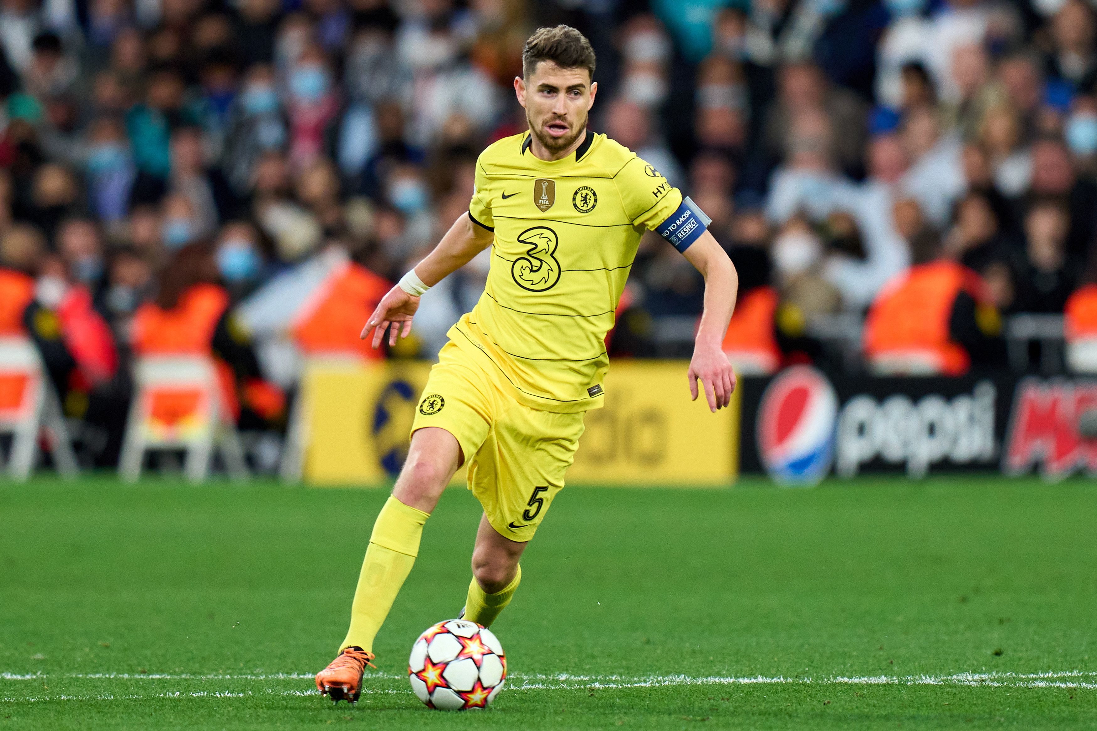 Jorginho of Chelsea FC in action during the UEFA Champions League Quarter Final Leg Two match between Real Madrid and Chelsea FC at Estadio Santiago Bernabeu on April 12, 2022