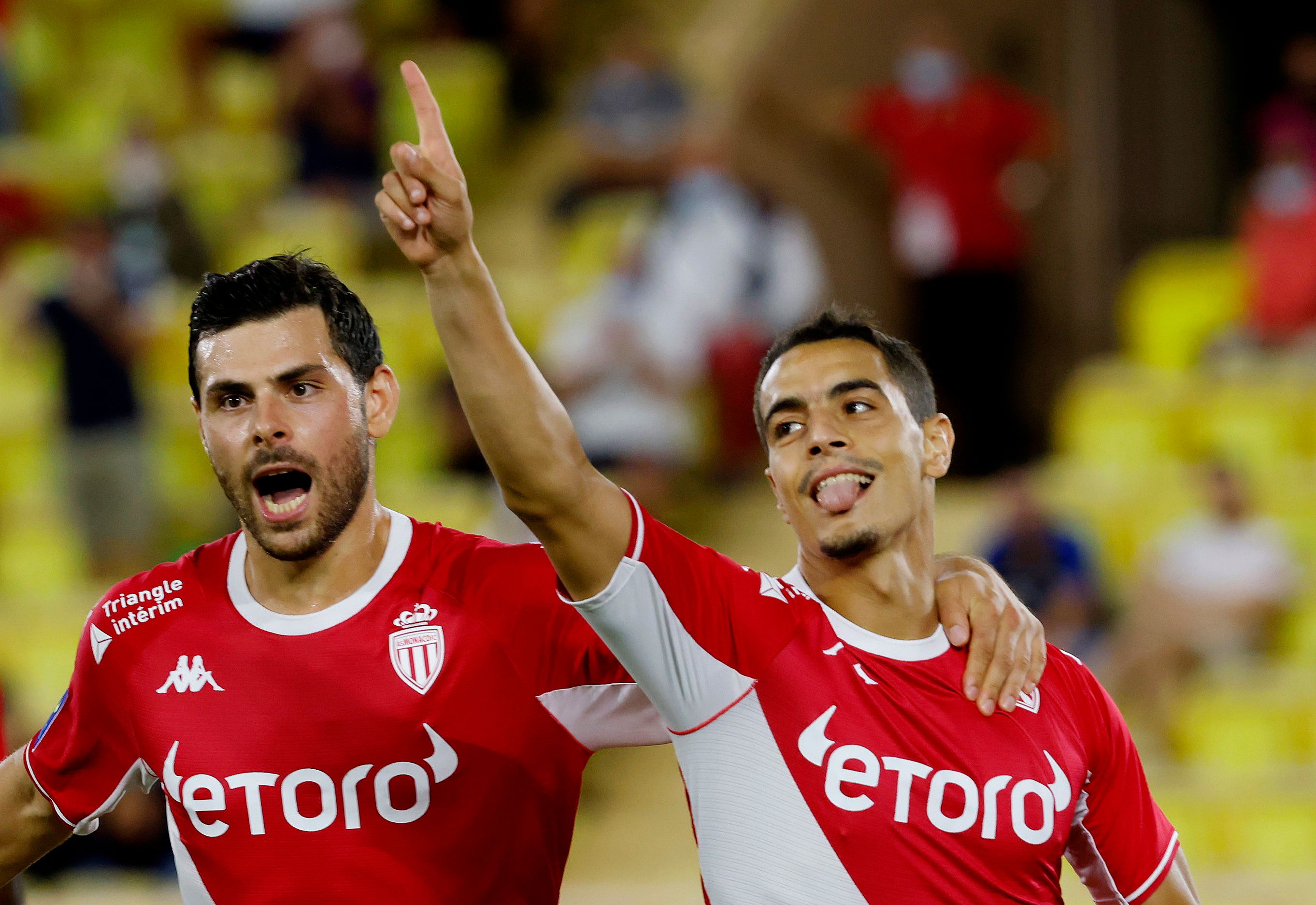 Wissam Ben Yedder and Kevin Volland celebrate an AS Monaco goal