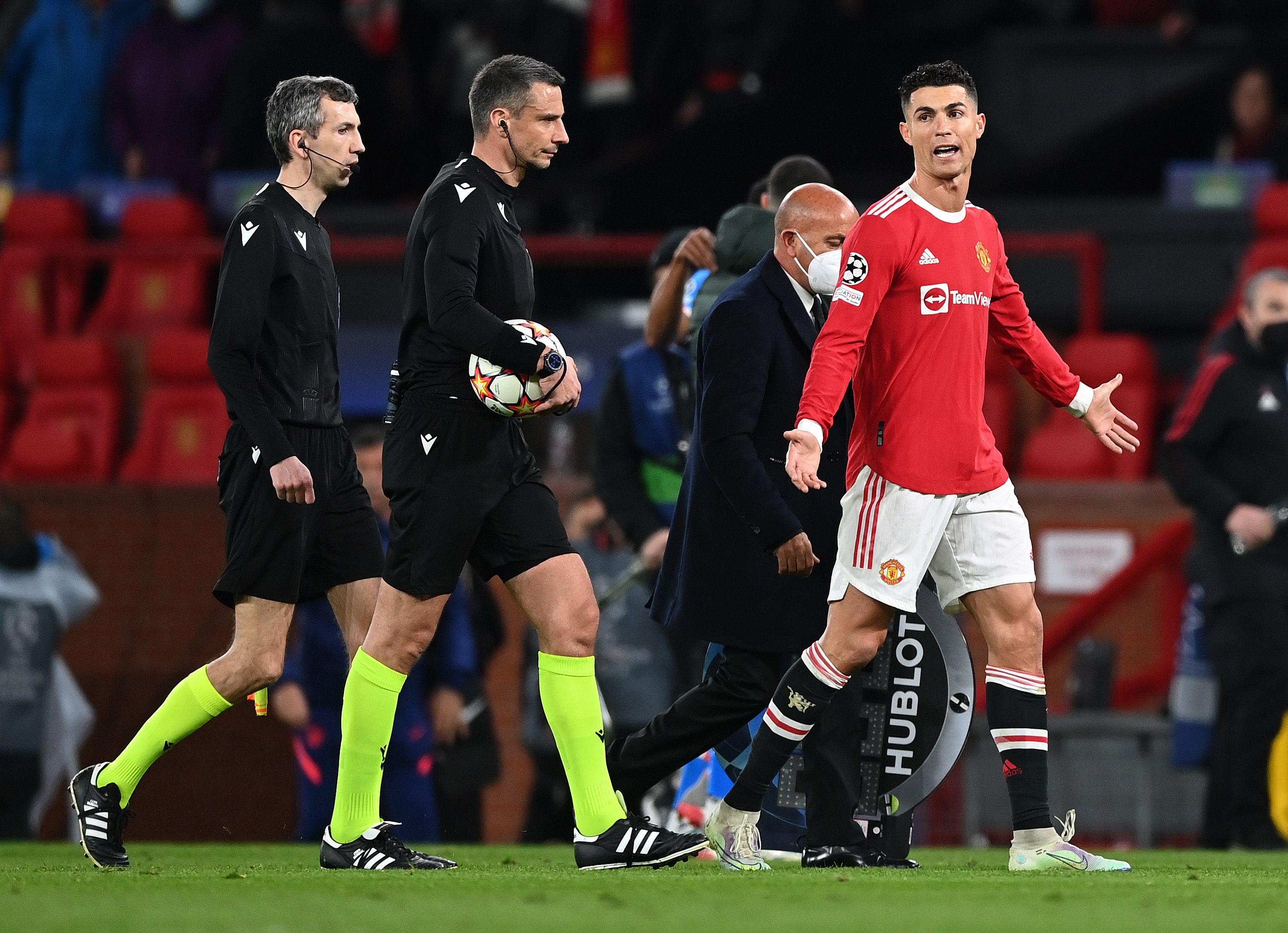 Cristiano Ronaldo protests after Man Utd are eliminated from the Champions League