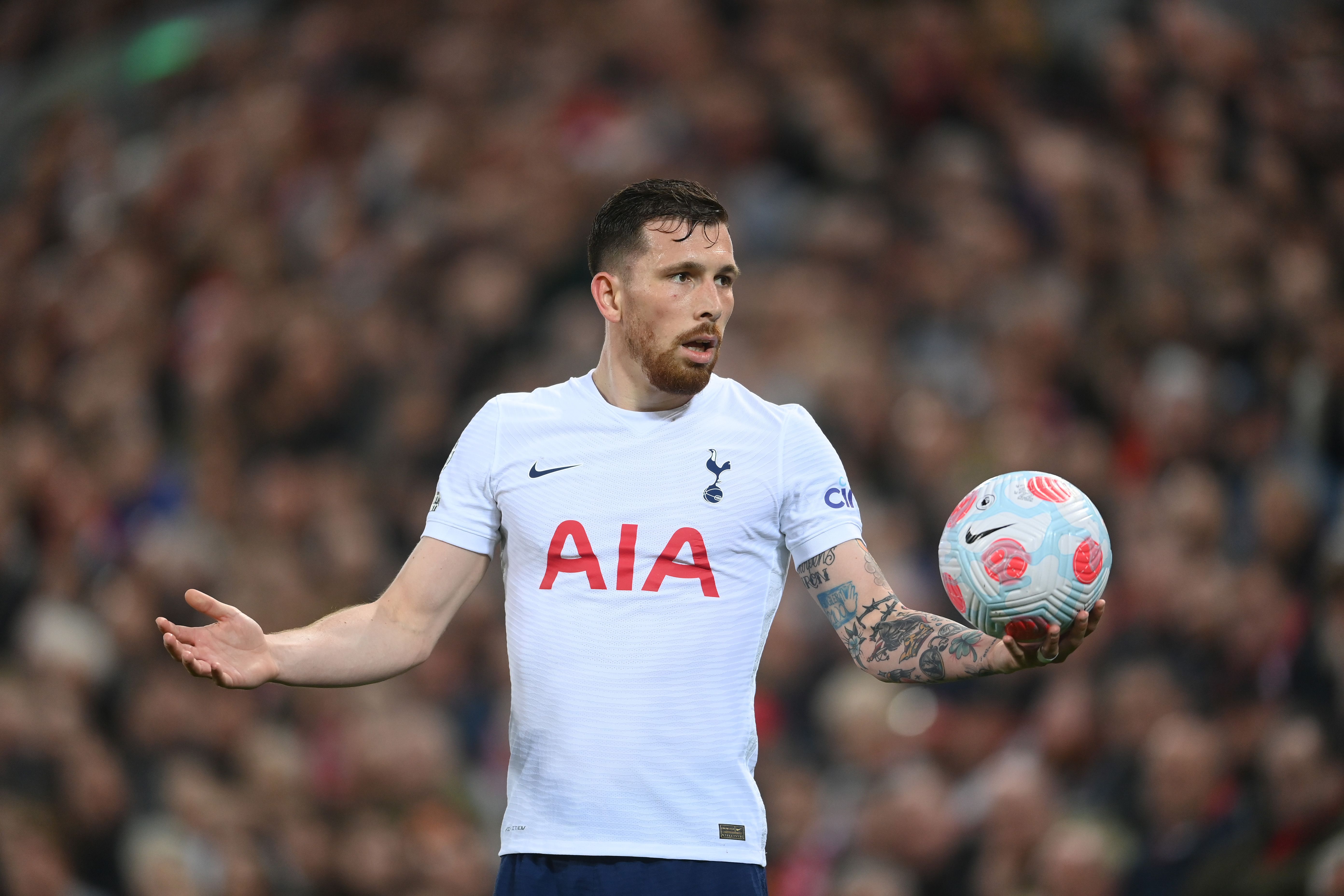 Pierre-Emile Hojbjerg of Tottenham Hotspur holds the ball during the Premier League match between Liverpool and Tottenham Hotspur at Anfield on May 07, 2022 in Liverpool, England