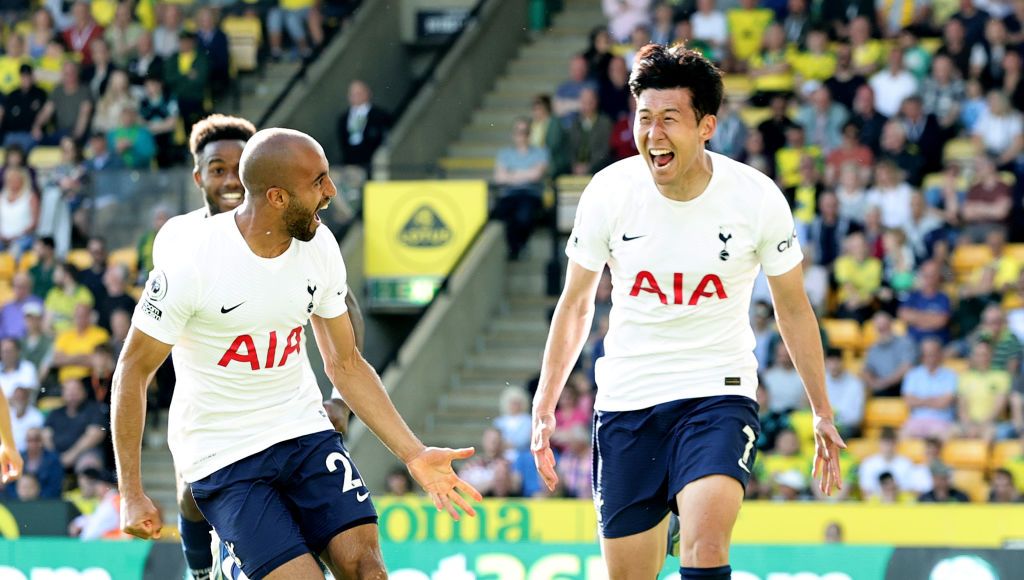 Heung-min Son celebrates a goal for Spurs vs Norwich