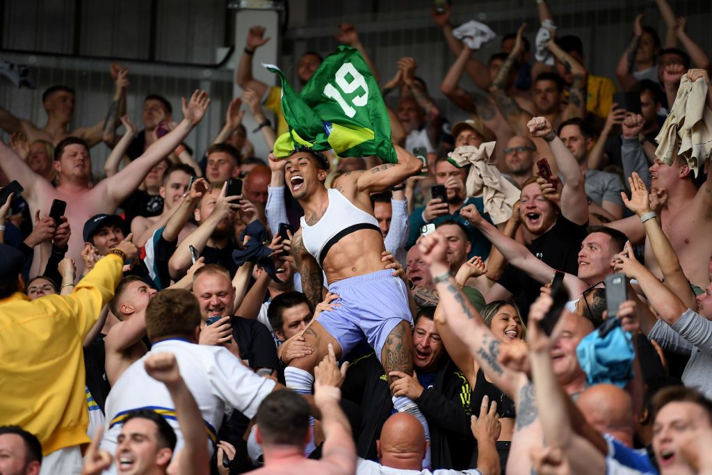 Raphinha celebrates Leeds' Premier League survival