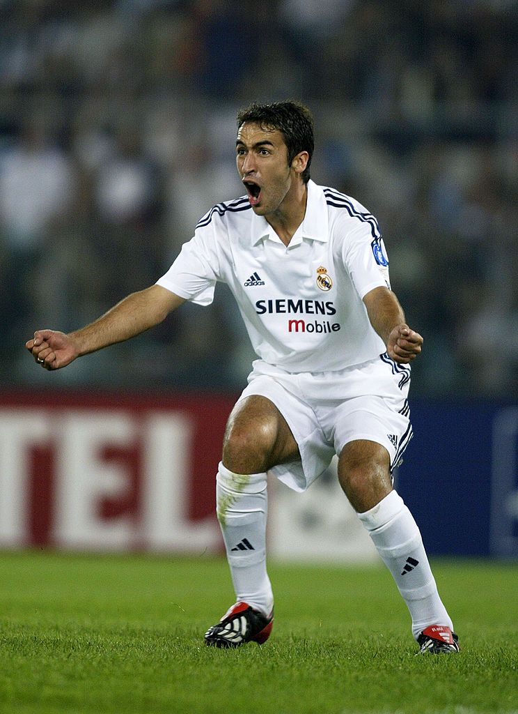Raul Gonzalez celebrates a goal for Real Madrid