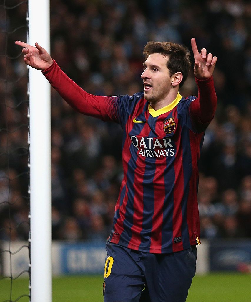 Lionel Messi celebrates a Champions League goal for Barcelona