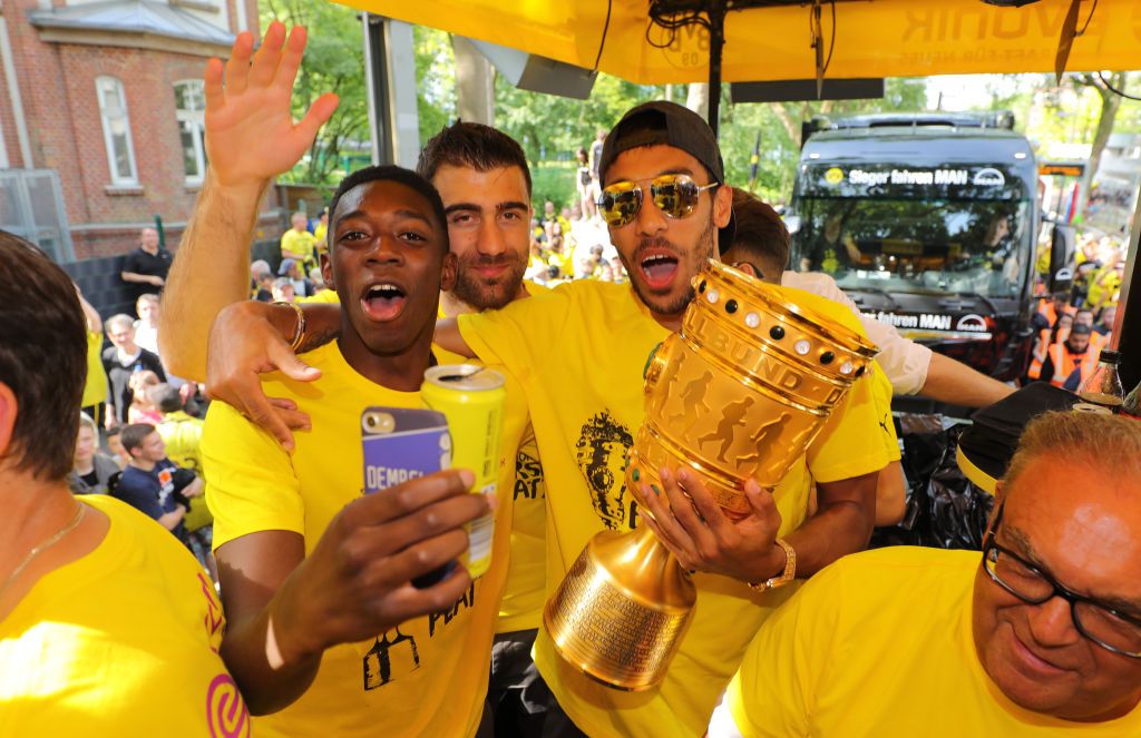 Ousmane Dembele &amp; Pierre-Emerick Aubameyang celebrate a trophy at Borussia Dortmund