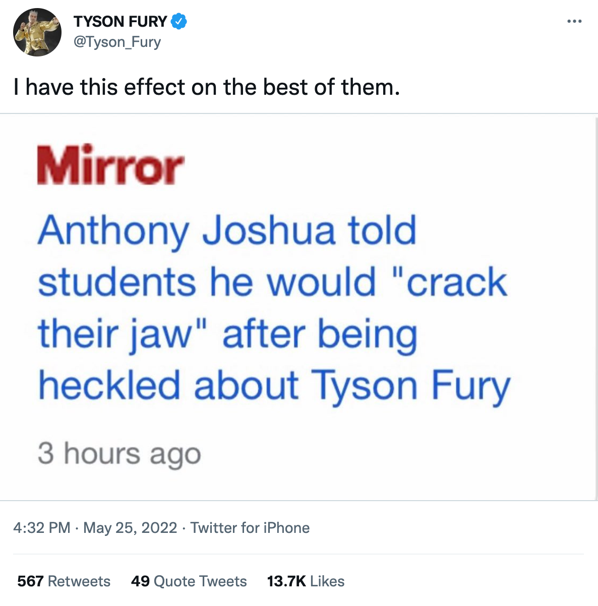 Tyson Fury reacts to Anthony Joshua vs uni students