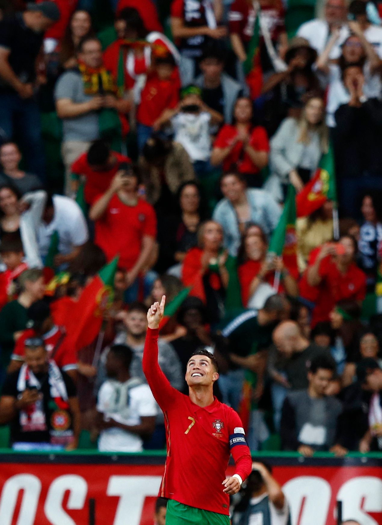 Portugal's Ronaldo points to the sky.