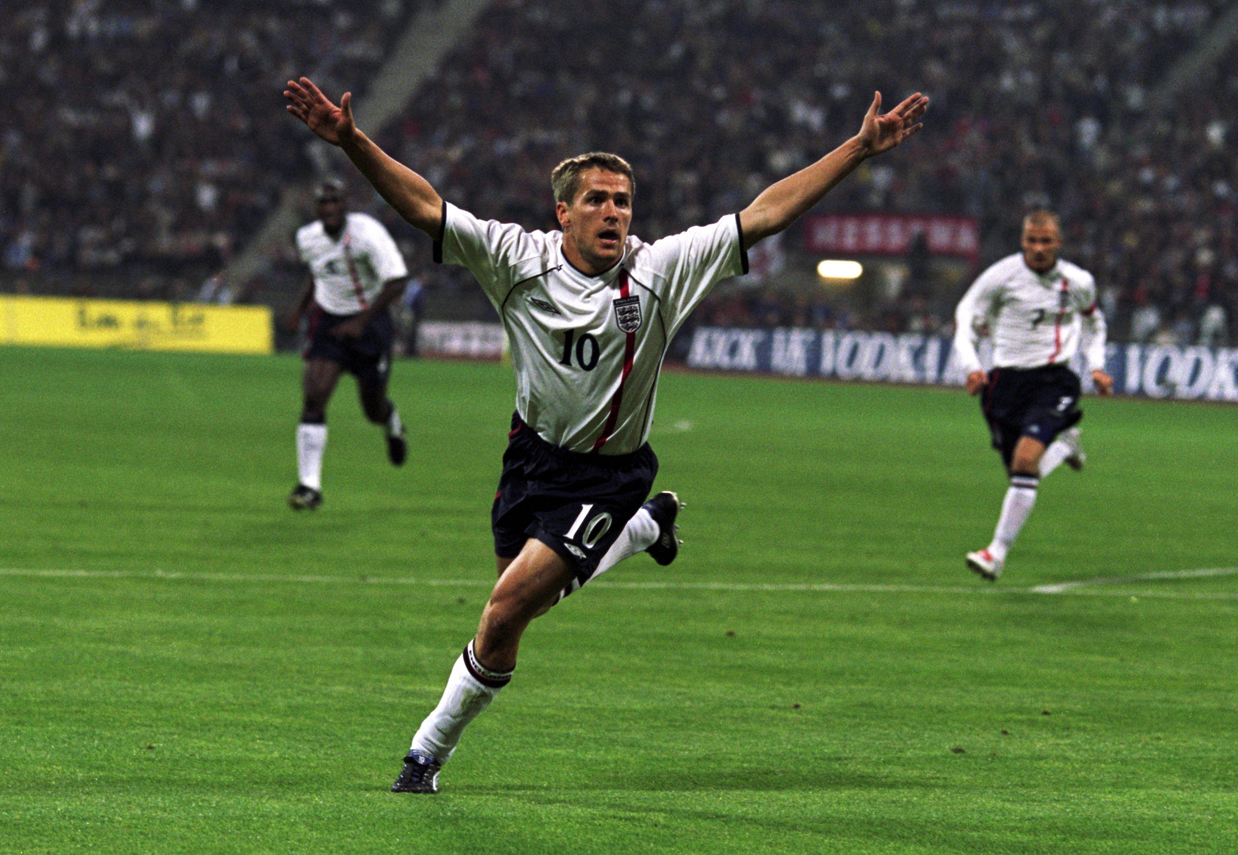 Michael Owen of England celebrates after scoring a goal during the FIFA 2002 World Cup Qualifier against Germany