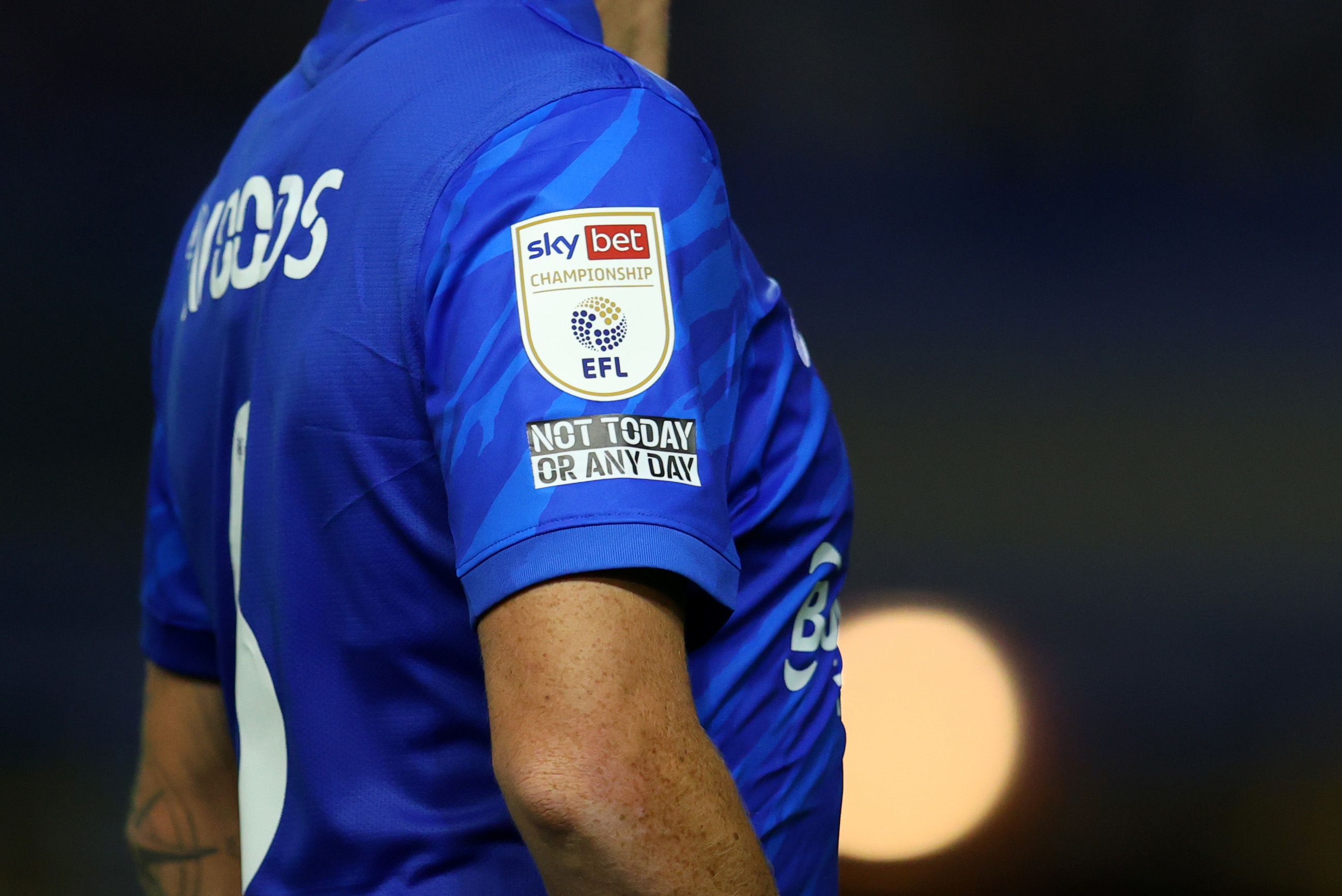 Detailed view of the EFL logo on the sleeve patch and the ' Not today or any day ' slogan during the Sky Bet Championship match between Birmingham City and AFC Bournemouth at St Andrew's Trillion Trophy Stadium on August 18, 2021 in Birmingham, England