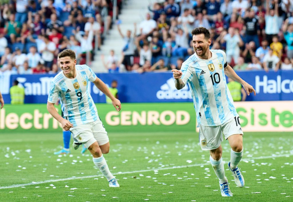 Lionel Messi celebrates after scoring for Argentina