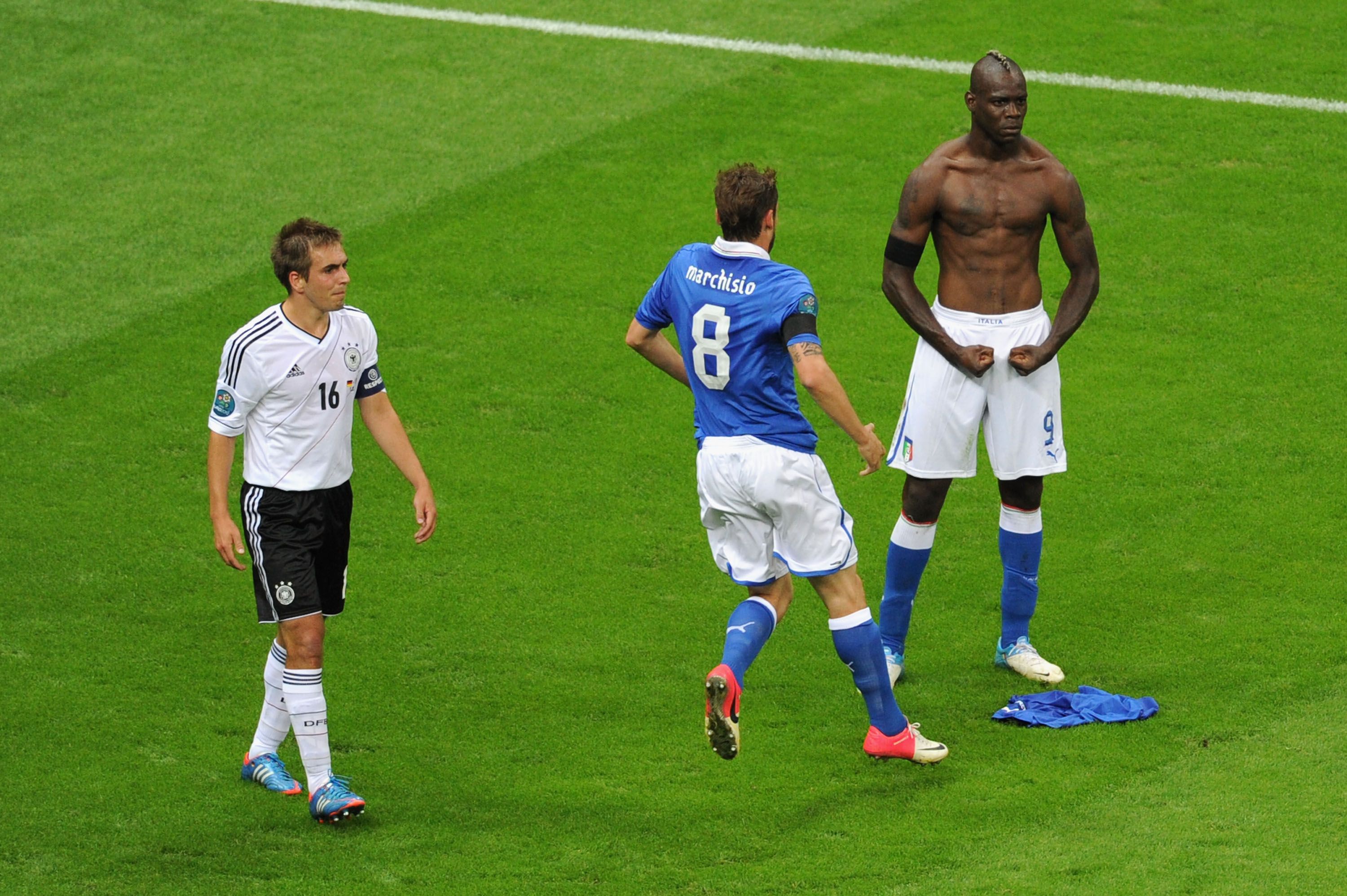 Mario Balotelli celebrates after scoring against Germany