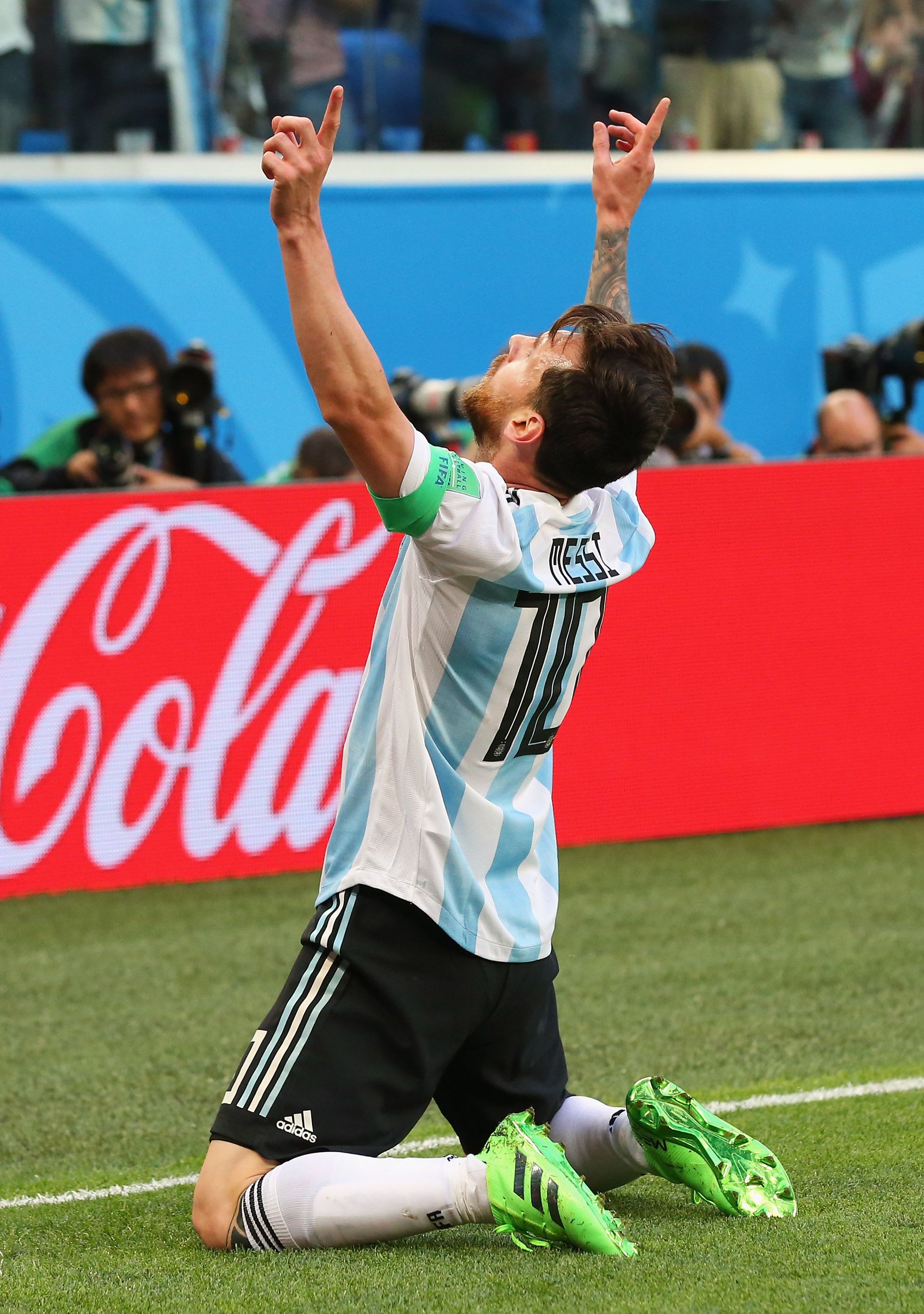 Lionel Messi celebrates after scoring at the World Cup