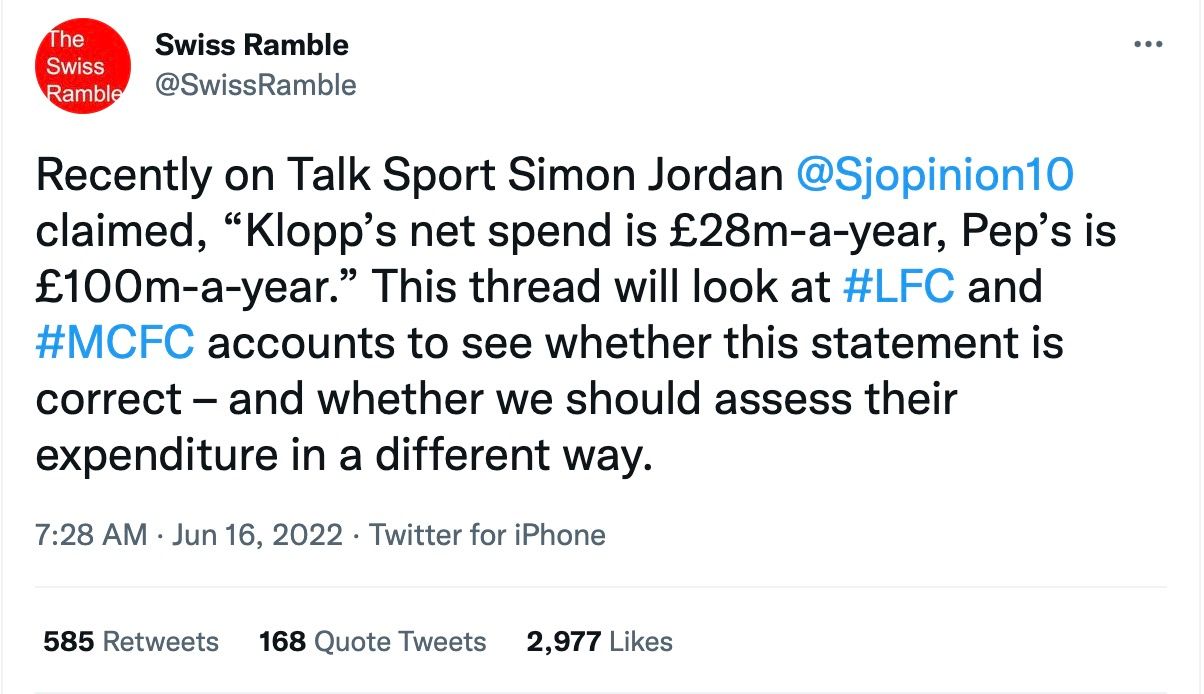 Twitter thread on Liverpool and City spending.