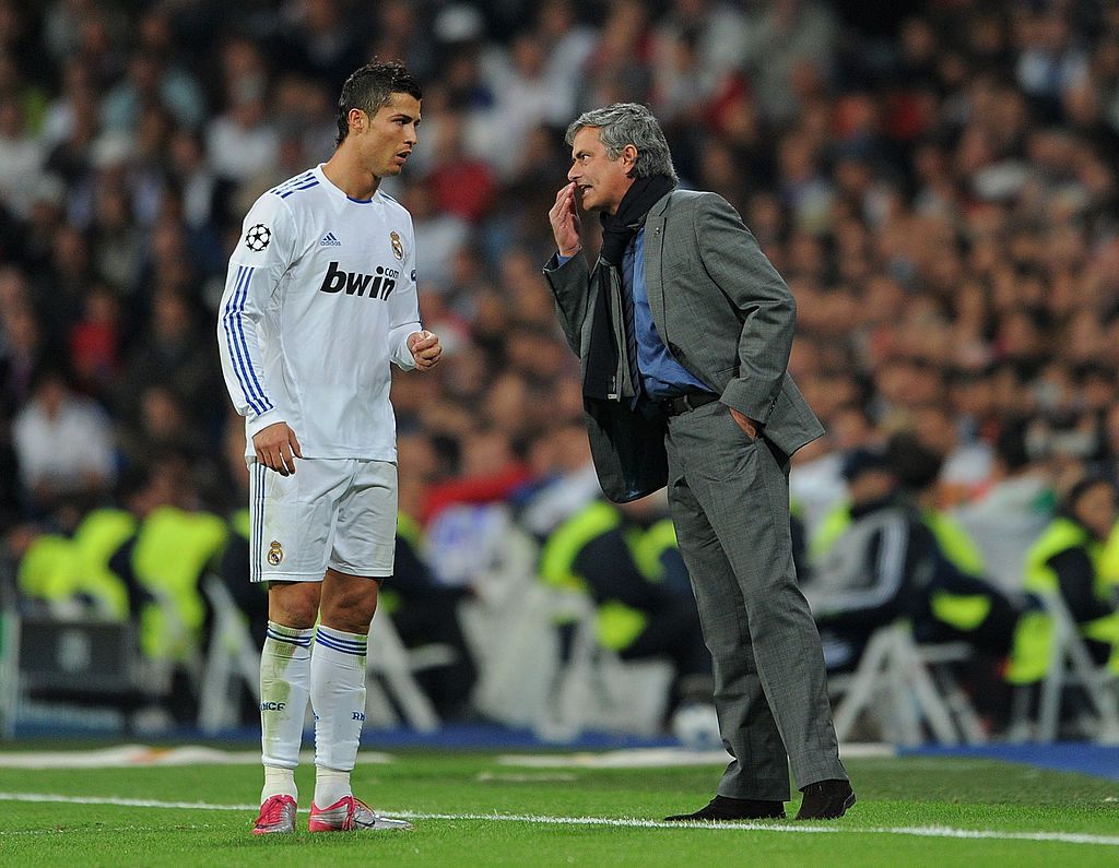 Cristiano Ronaldo &amp; Jose Mourinho during a Real Madrid game vs AC Milan