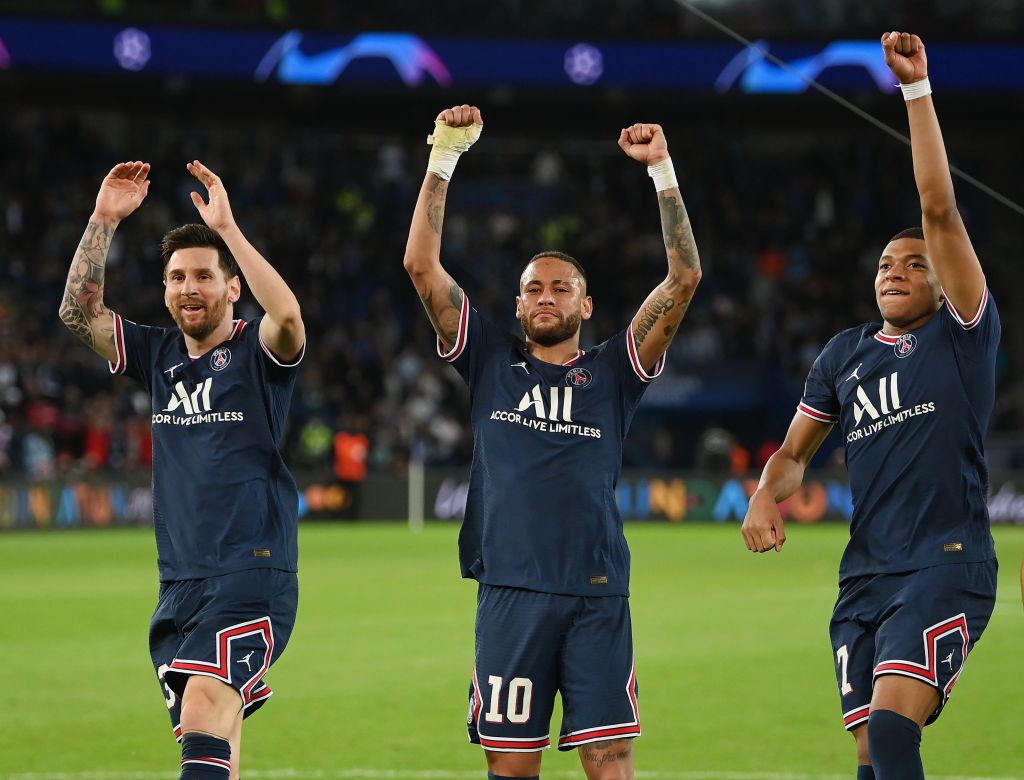 Messi, Neymar and Mbappe celebrate a PSG victory