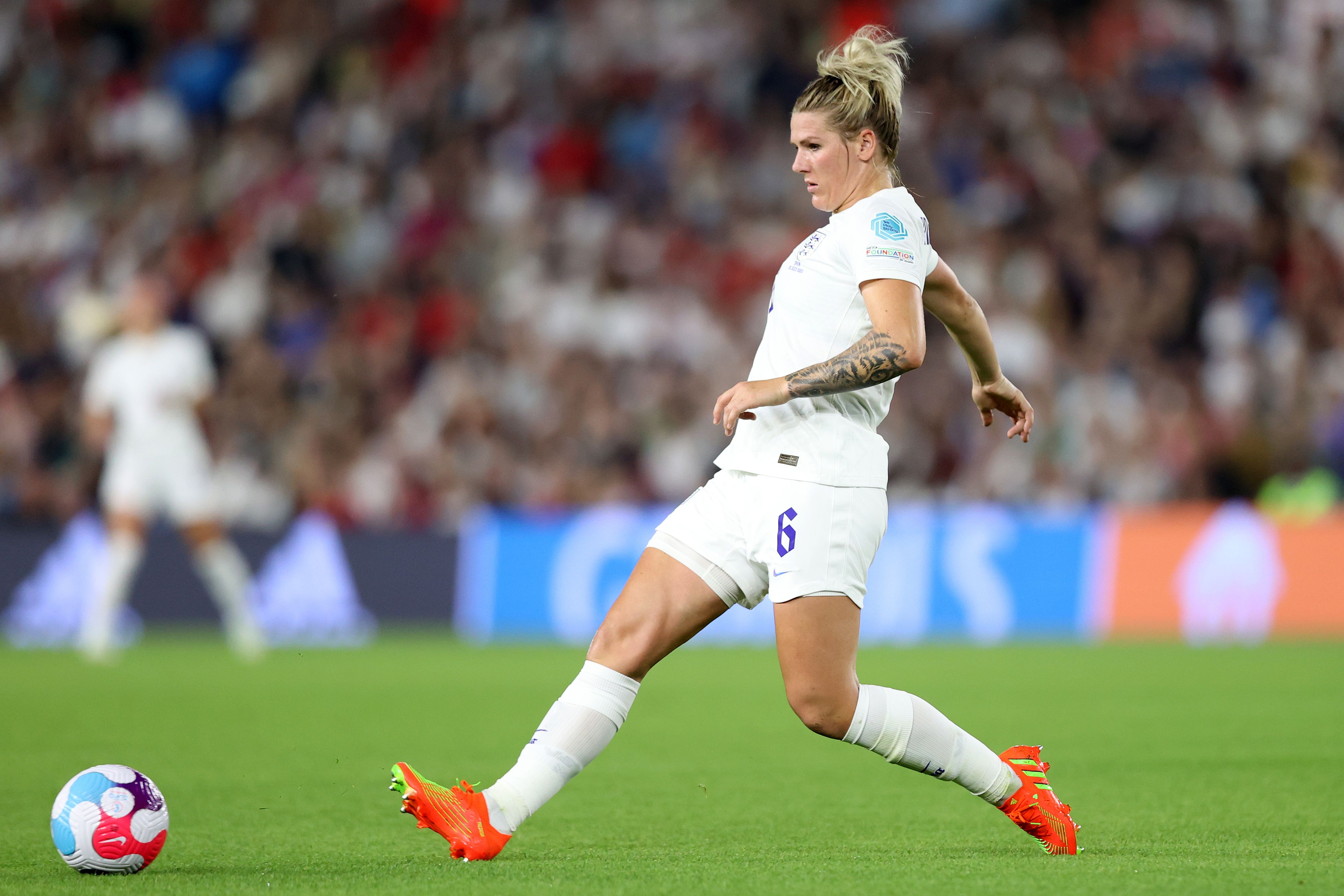 Millie Bright playing for England at Euro 2022