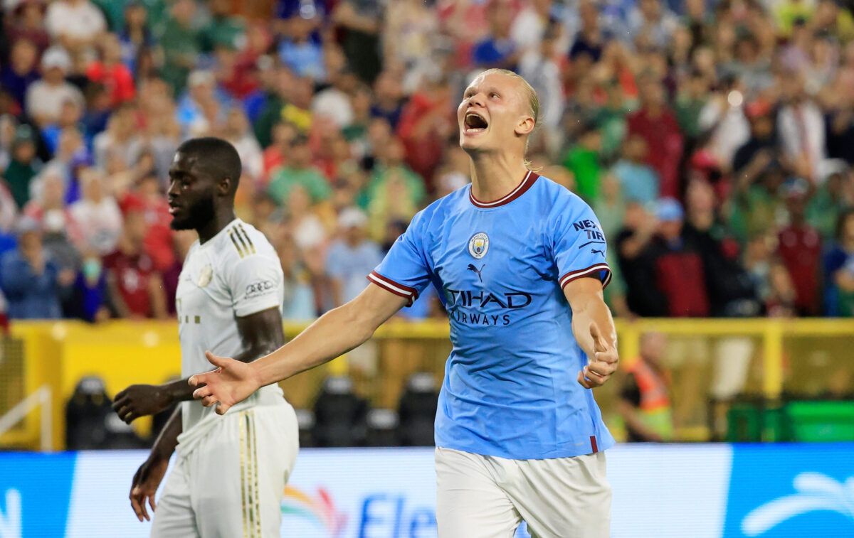 Erling Haaland celebrates his first Man City goal